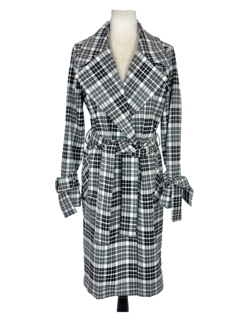 Maison Cinqcent grey plaid trench coat, NWOT